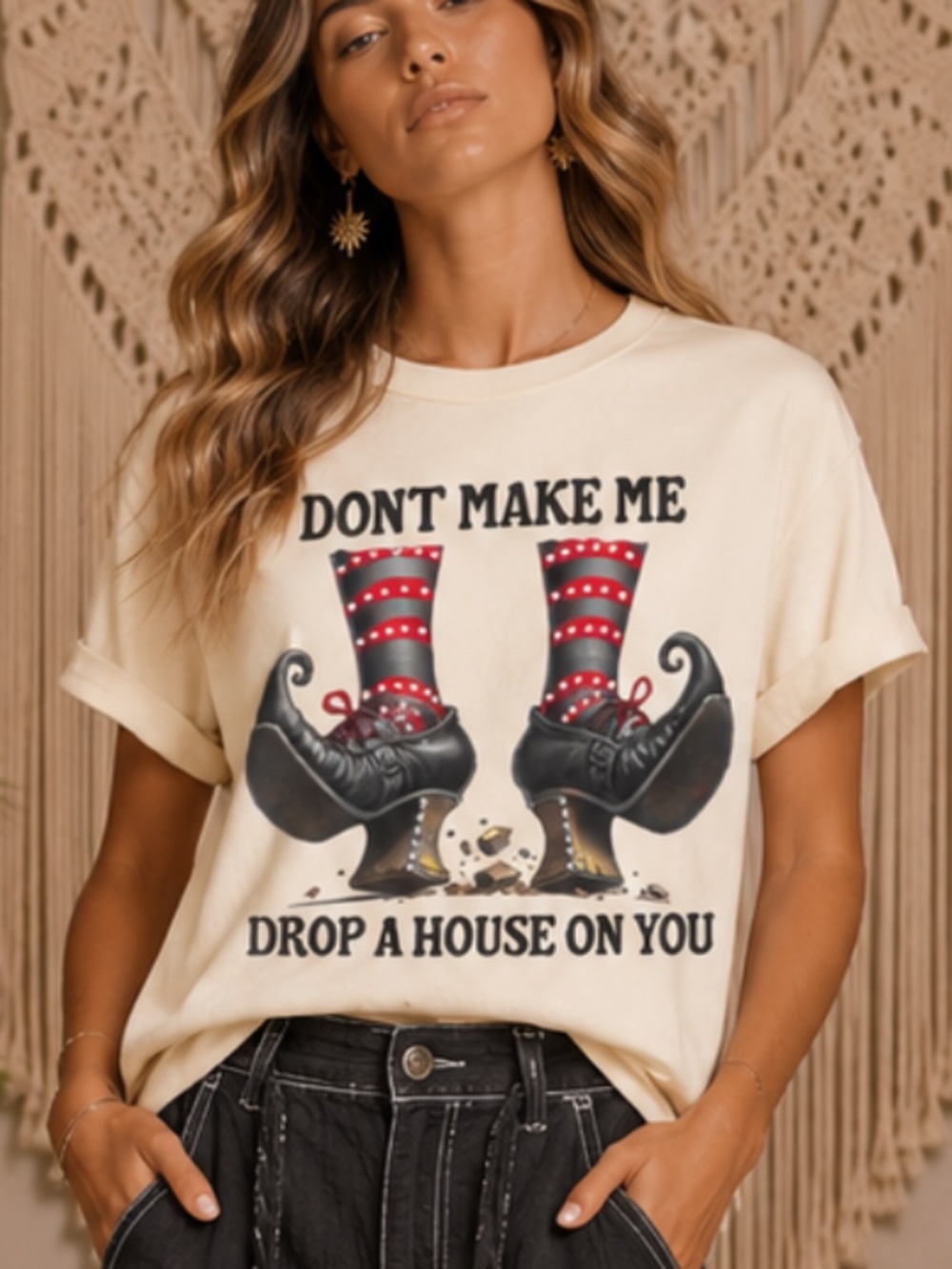 Boho GIAJEAN “ DON’T MAKE ME DROP “ BOHO Graphic Tee with RHINESTONE DETAIL 68